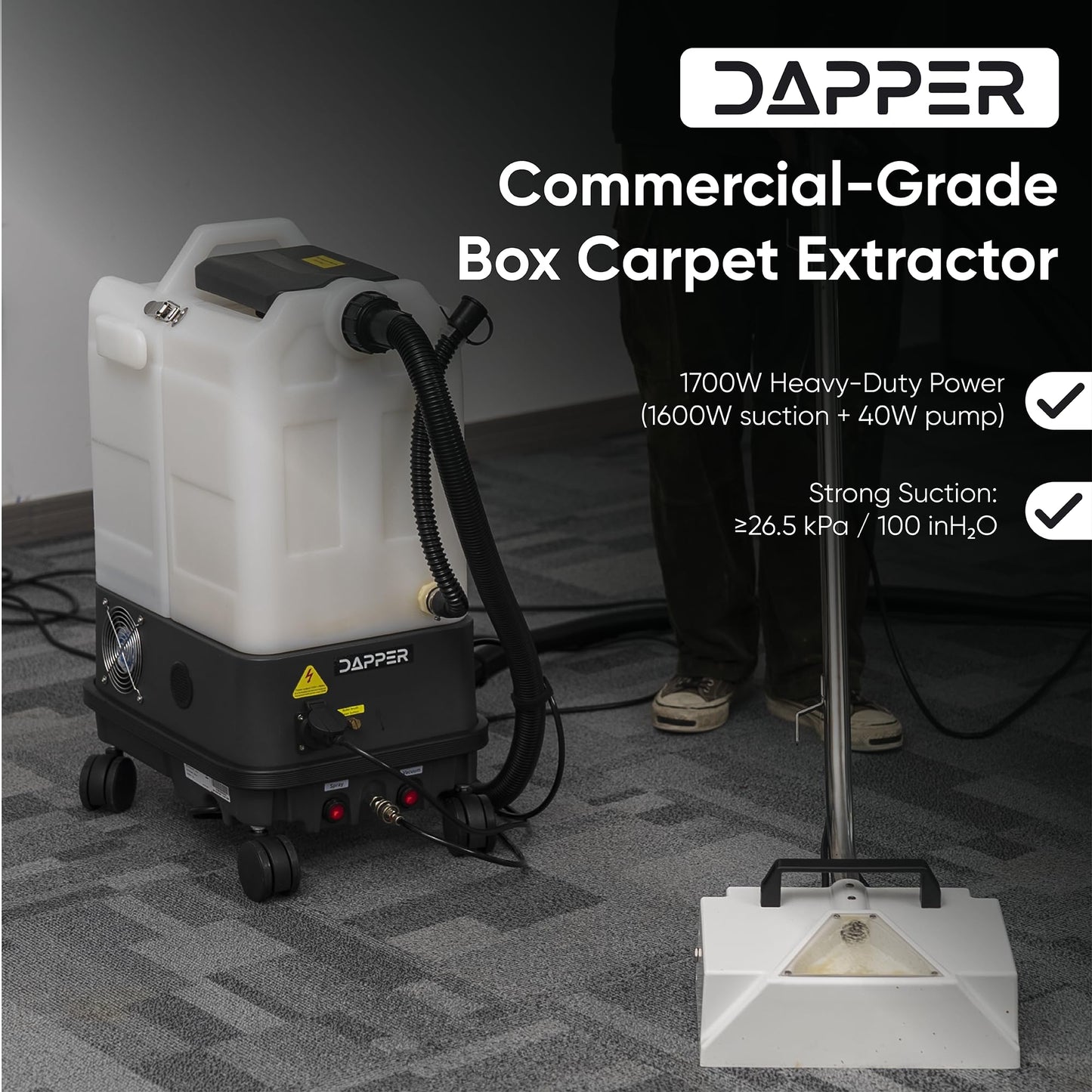 Dapper Commercial Box Carpet Extractor with 13" Motorized Brush Head, Cold Water Extraction, Strong Suction and 6.5 Gal Tanks — Ideal for Hotels, Offices, & Commercial Cleaning