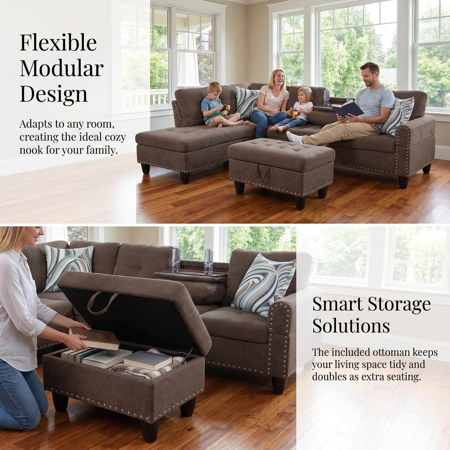 Trygoal 97.5" Linen L Shaped Couch with Left Chaise & Cup Holder, Sectional Sofas Modular Furniture Set with Storage Ottoman, Convertible Couches for Living Room, Small Space & Office (Brown)