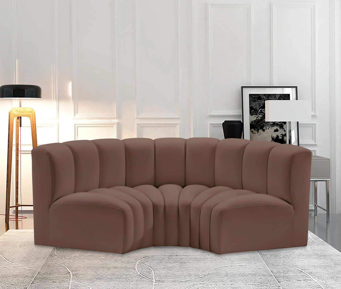 Meridian Furniture 101Brown-S3C Arc Collection Modern | Contemporary Modular Sofa with Soft Brown Vegan Leather, Deep Channel Tufting, Modular Design, 80" W x 37" D x 30" H, Brown