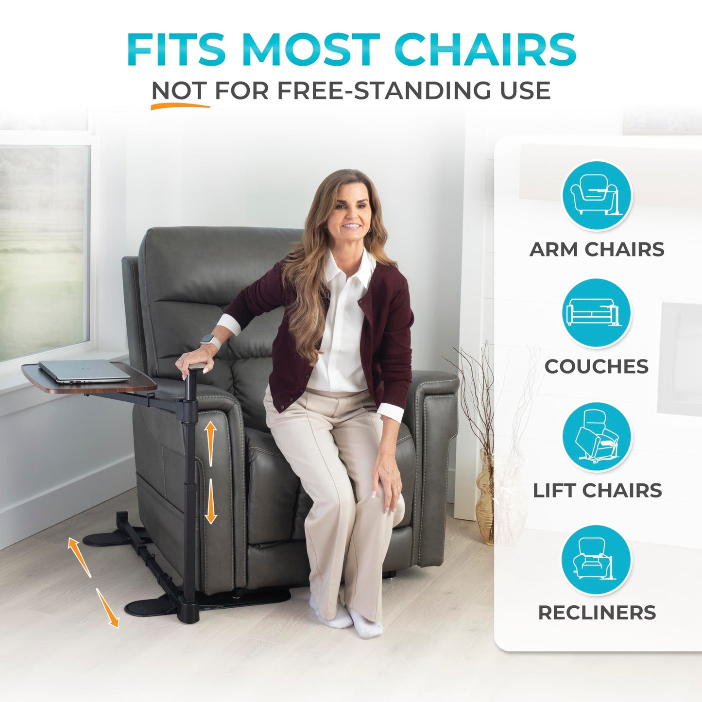 Stander Wonder Tray Plus, Adjustable Recliner Swivel TV Tray with Standing Handle for Seniors & Elderly Adults, Walnut Laptop Desk for Couches & Chairs, Mobility Aid Sit and Stand Assist
