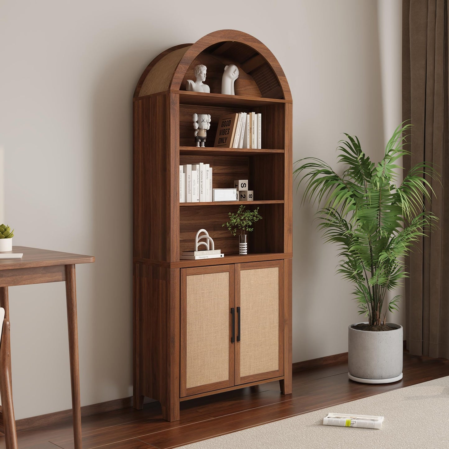 Janmer Home 71" Tall Arched Bookcase with Storage, Mid-Century Modern 6-Tier Cabinet with Door, Arched Bookshelf Cabinet with Open Display Storage Shelf for Office Living Room (Walnut)
