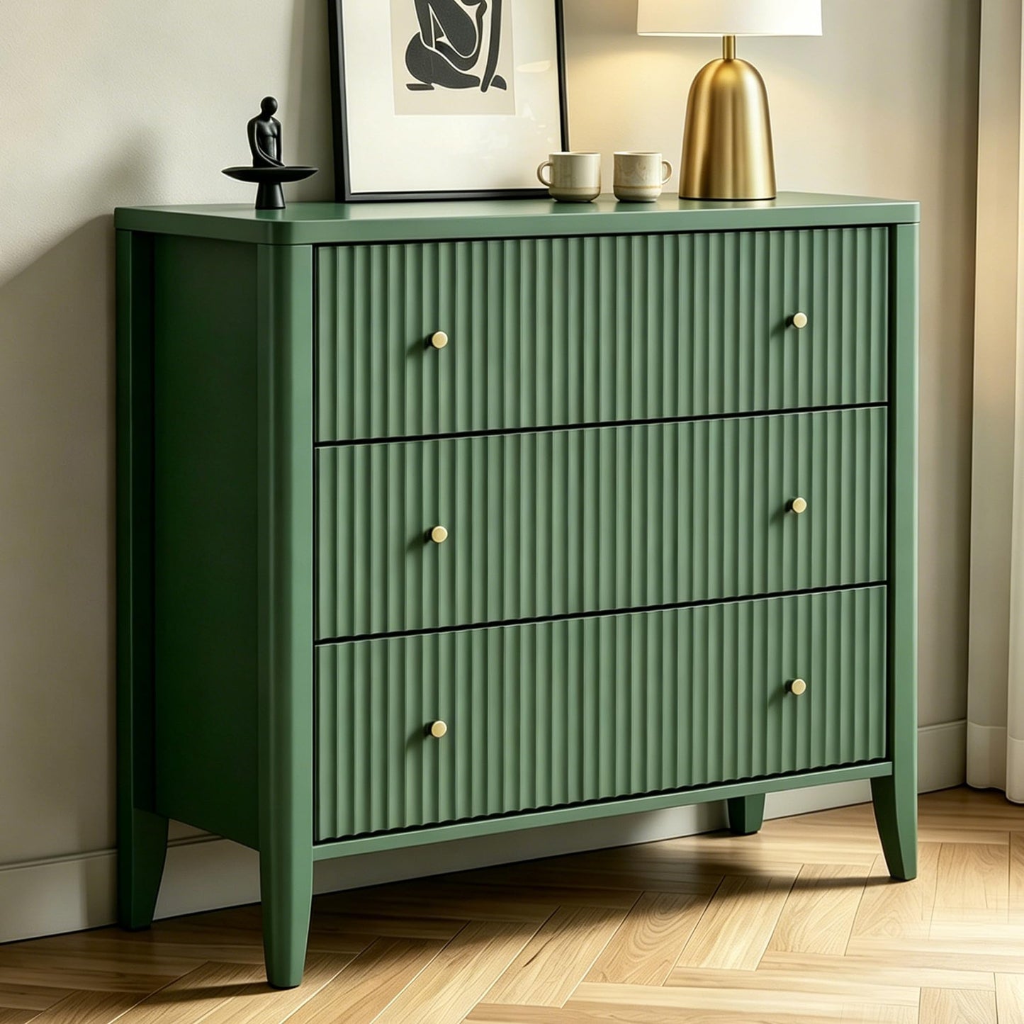 Fatmok Fluted 3 Drawer Dresser for Bedroom Set of 2, 34" Wide Chest of Drawers, Modern Wood Nightstand End Table with Metal Handles, Striped Storage Cabinet for Living Room, Hallway, Entryway, Green