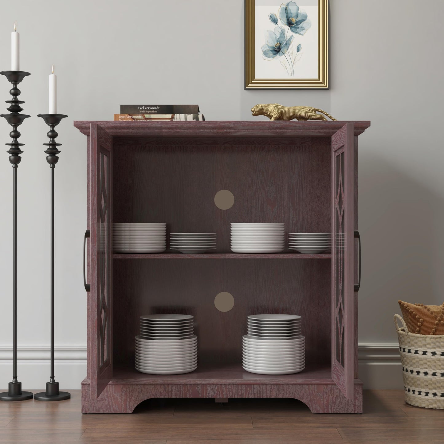 GDFStudio Modern Buffet Sideboard Cabinet, Storage Cabinet with 2 Tempered Glass Doors & Adjustable Shelf, Freestanding Credenza Buffet for Dining Room Kitchen, Accent Cabinet Coffee Bar, Ox Blood Red