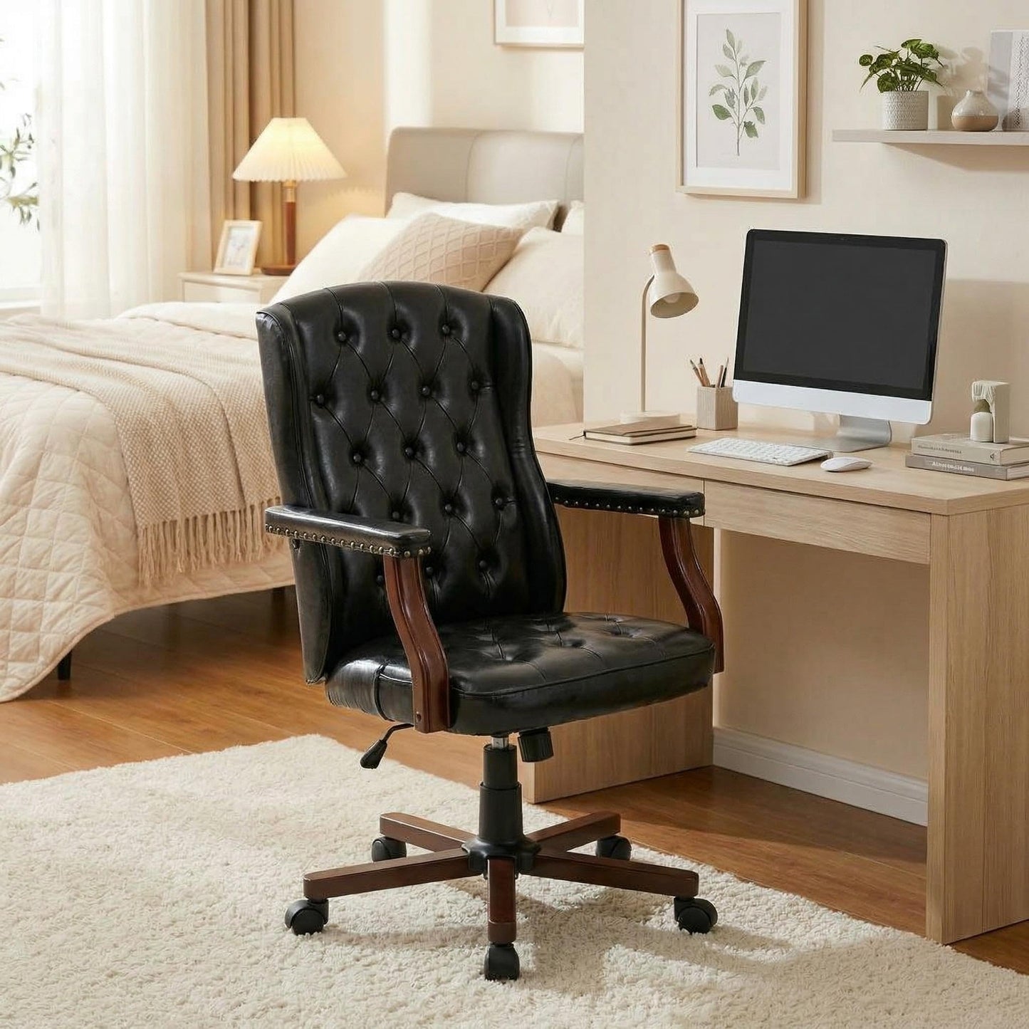 Executive Office Chair, Ergonomic Faux Leather Desk Chair with Wingback Design, Swivel Adjustable Home Office Chair for Computer Desk, Comfortable Task Chair for Home Office, Black