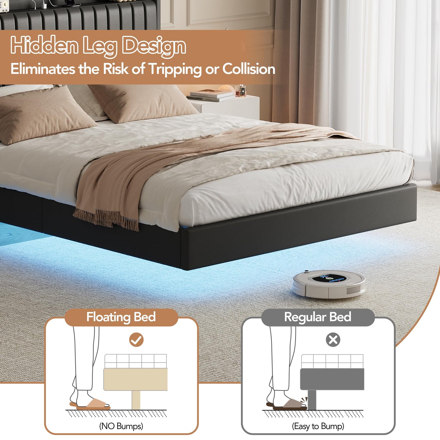 Queen Floating Bed Frame with LED Lights & Charging Station, Upholstered Leather Platform Bed Frame with Headboard, 50" Tall Floating Bed with Stable Structure, No Box Spring Needed,Black