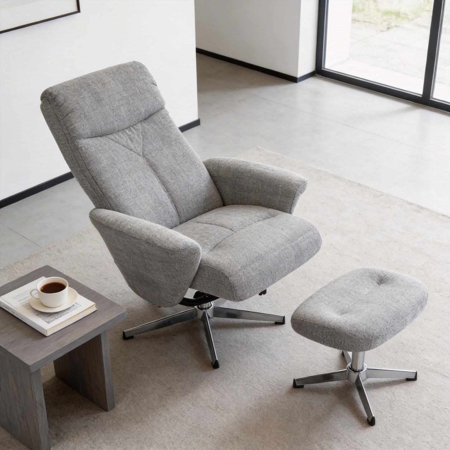 KEIKI Swivel Recliner with Ottoman Chair for Men, Modern Chenille Upholstered Manual Push Back 360° Swivel Armchair, Ergonomic Lounge Footrest for Living Room Bedroom Reading Home Office, Light Grey