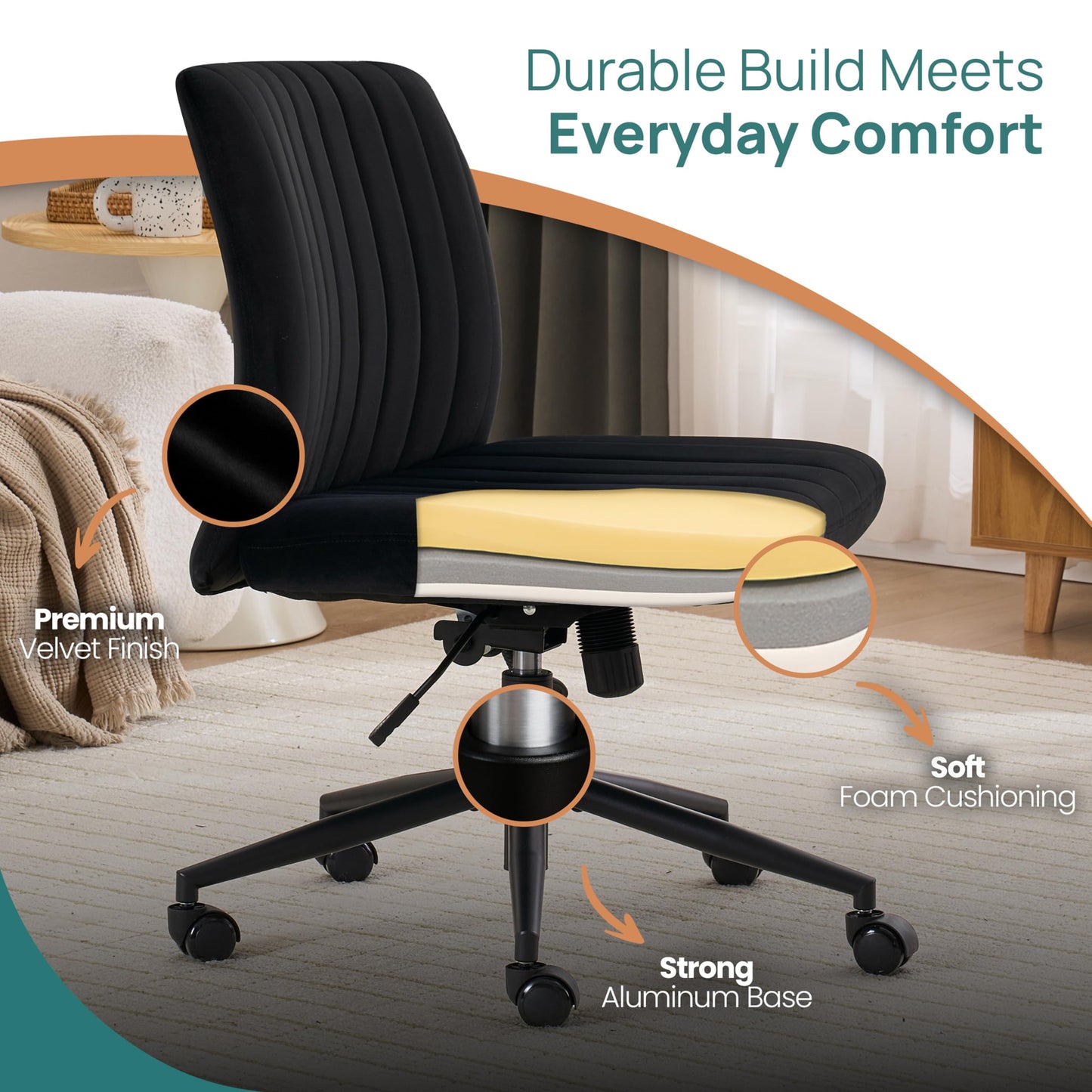 NYPOT Armless Desk Chair with Wheels for Criss Cross Sitting - Cross Legged Wide Armless Chair - Adjustable Vanity 360° Swivel Stool and 120° Rocking Wide Seat Comfy for Home and Office, Black Velvet