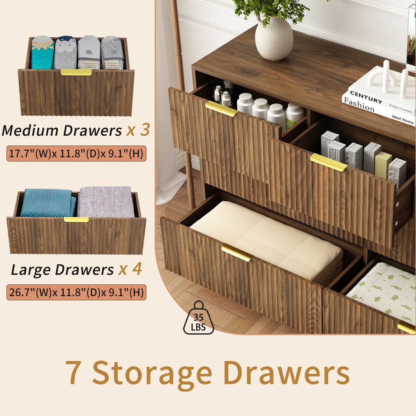 Sscaktu 7 Drawer Dresser and Nightstand Sets for Bedroom, 3 Pcs Bedroom Set，Night Stand Set of 2 & 7 Drawer Dresser with Gold Handles, Wood Chest of Drawers Mid Century Storage Cabinet Set, Natural