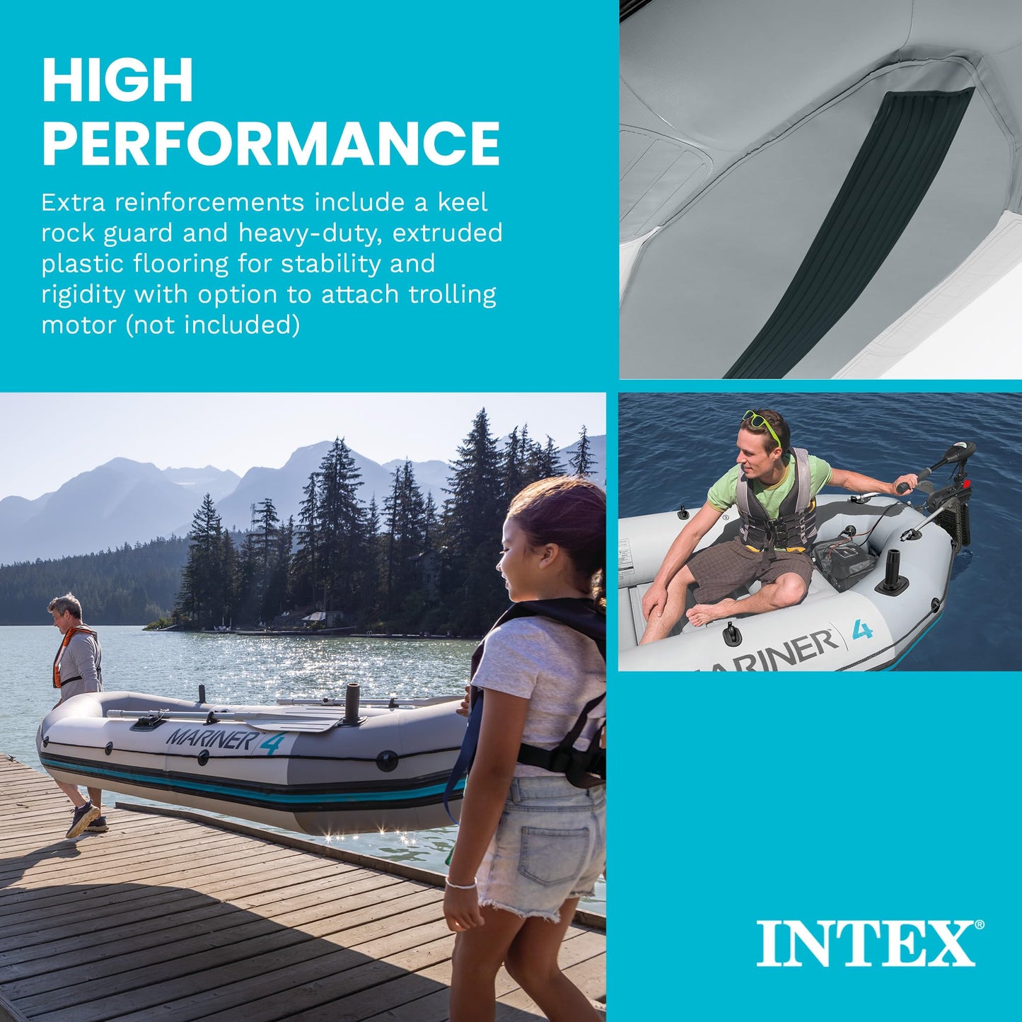 INTEX 68376EP Mariner 4 Inflatable Boat Set: Includes Deluxe 54in Boat Oars and High-Output Pump – Wear-Resistant Keel – Removable Fishing Rod Holders – 4-Person – 1100lb Weight Capacity
