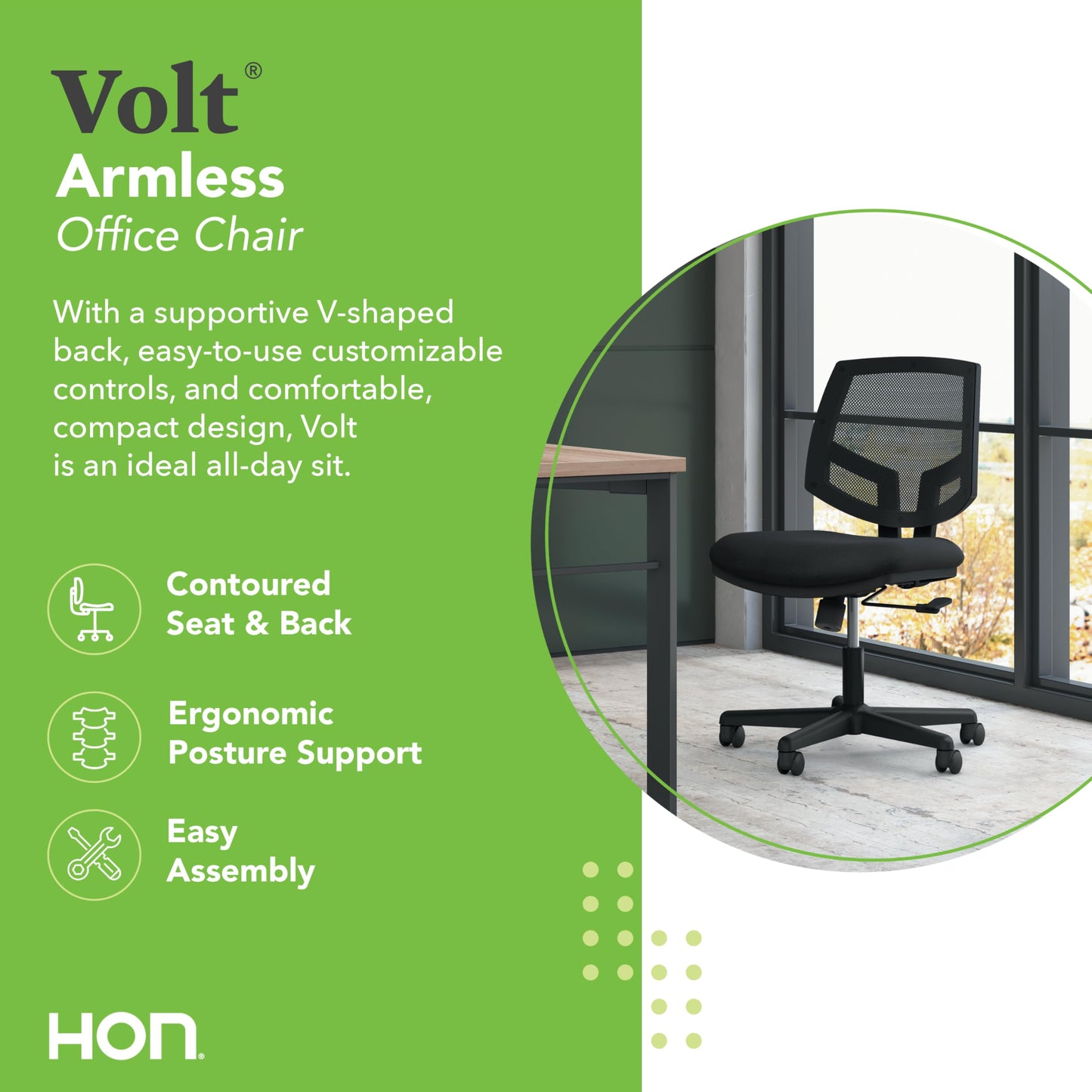 HON Volt Ergonomic Office Chair with Mesh Back, Armless Fabric Desk and Computer Chair with Center‑Tilt Recline and Wheels for Home Office or Workstation, Black
