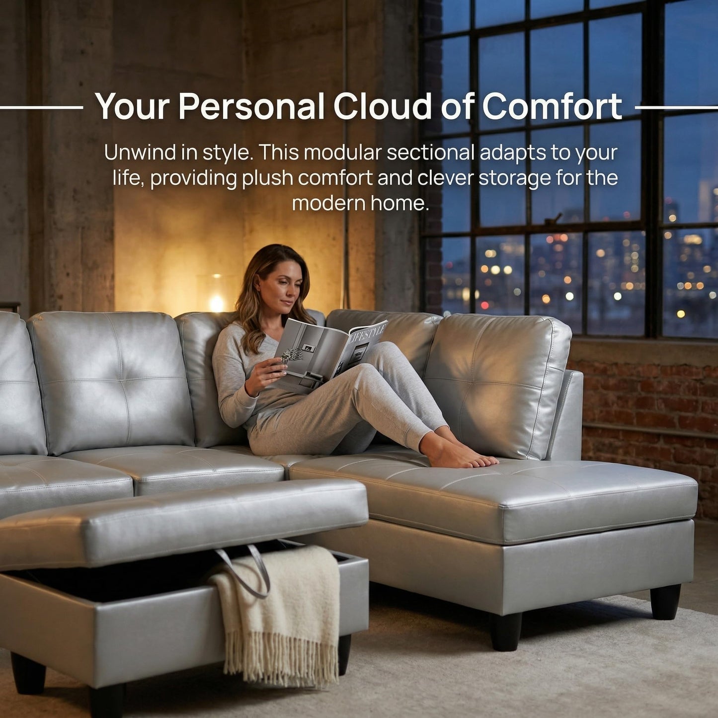 NicBex Sectional Couch 3 Pieces Sofa Set, L-Shaped Modular Couches for Living Room, Furniture Sets with Lounge Chaise & Storage Ottoman, Multi-Scene Use for Apartment & Office, Silver