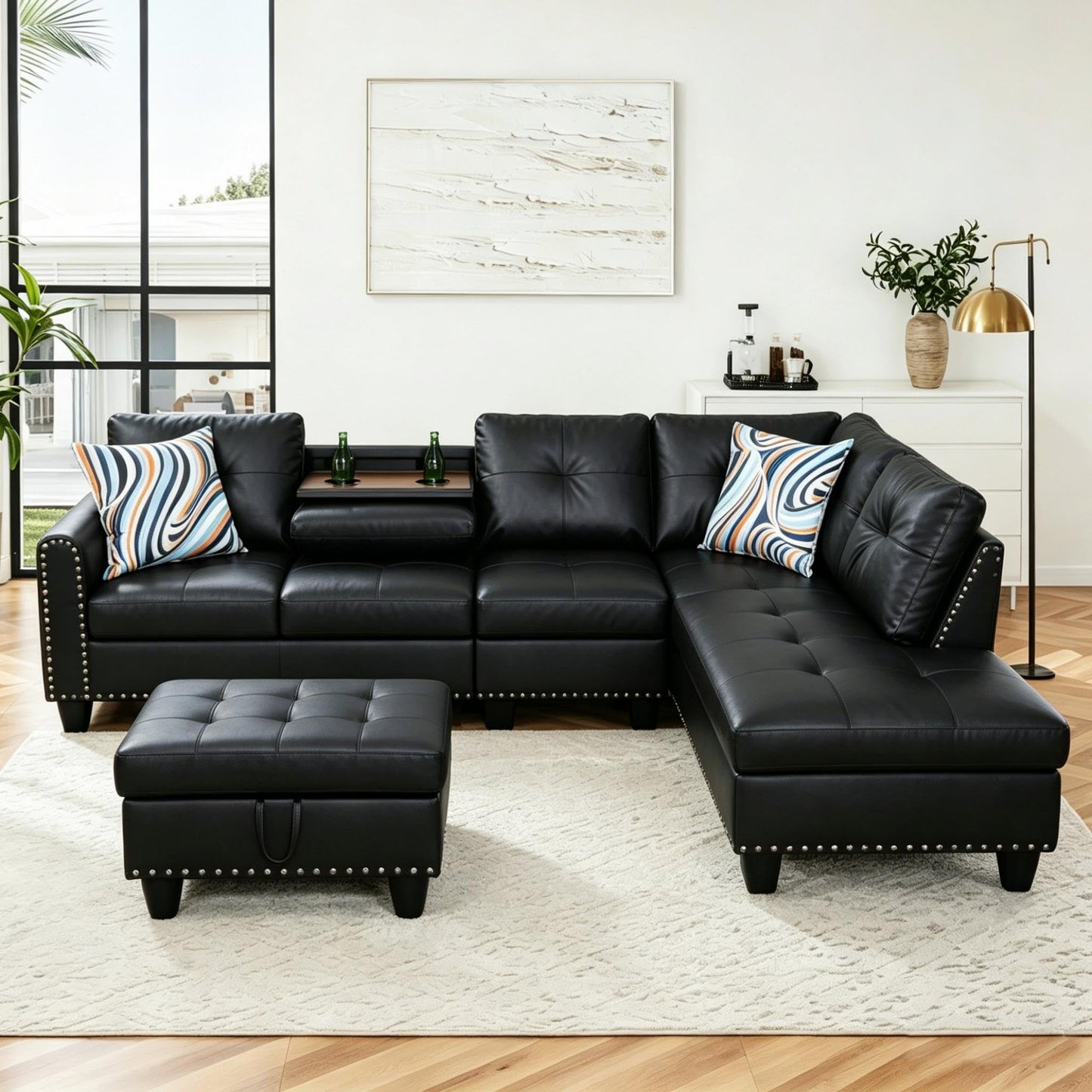 Trygoal 97.5" Leather L Shaped Couch with Right Chaise & Cup Holder, Sectional Sofas Modular Furniture Set with Storage Ottoman, Convertible Couches for Living Room, Small Space & Office (Black)