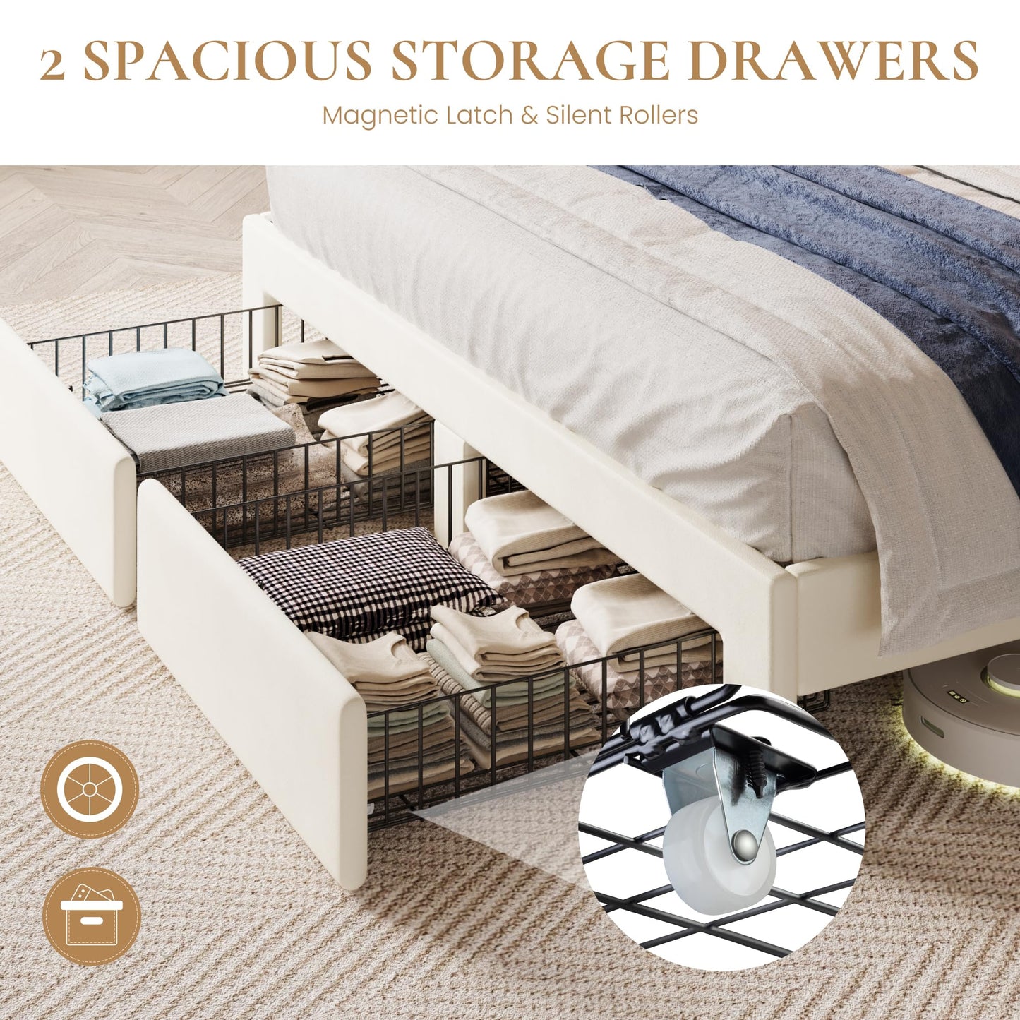 SHA CERLIN Queen Velvet Platform Bed Frame with 2 Storage Drawers, LED Storage Headboard with Charging Station, Upholstered Wingback Headboard, Noise-Free, No Box Spring Needed, Easy Assembly, White