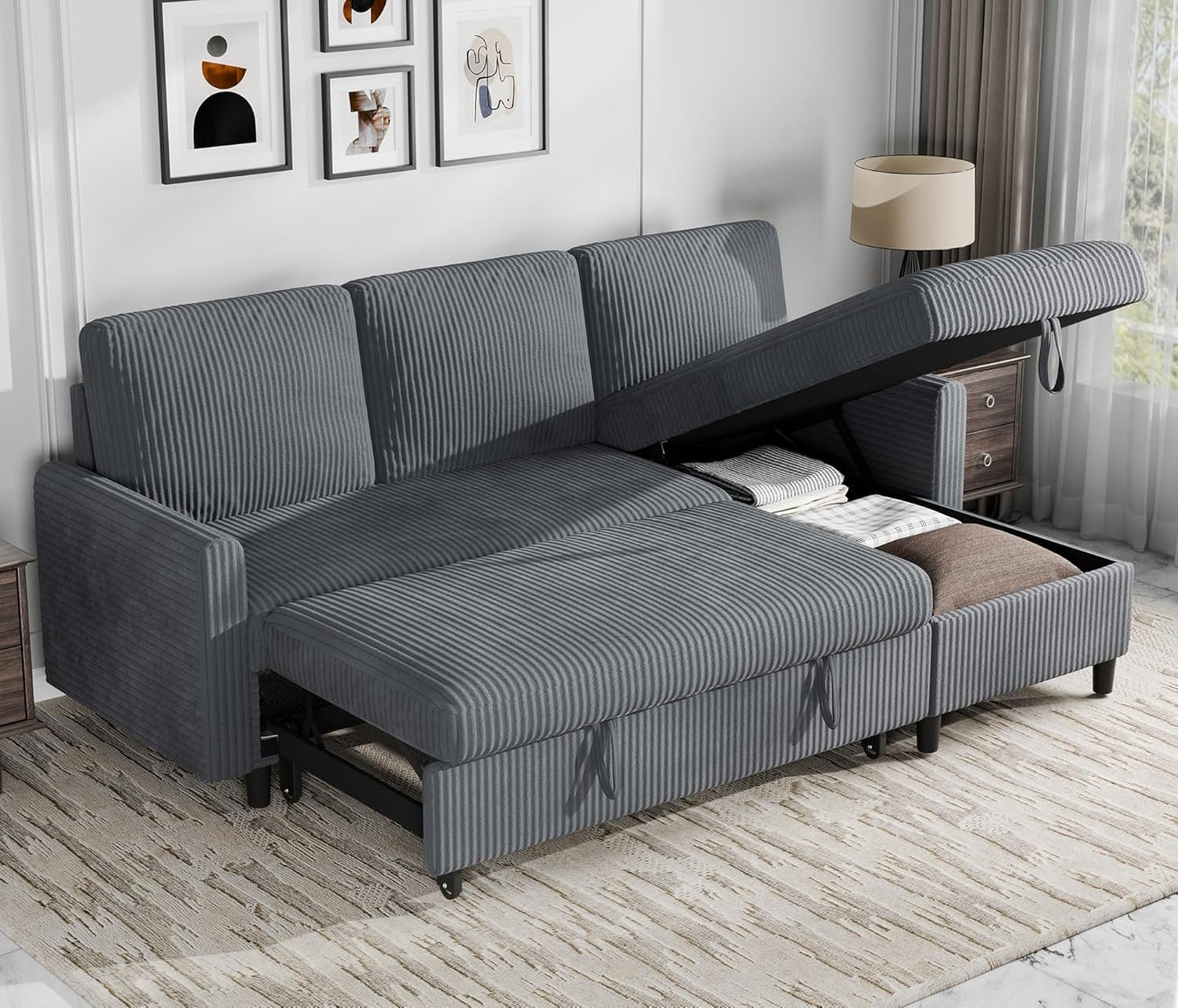 Shintenchi Futon Sofa Bed Convertible Couches L Shaped, 4‑in‑1 Sectional Sleeper Sofa Pull Out Couches for Living Room, Multifunctional Couch with Storage Chaise Corduroy Fabric, Dark Gray