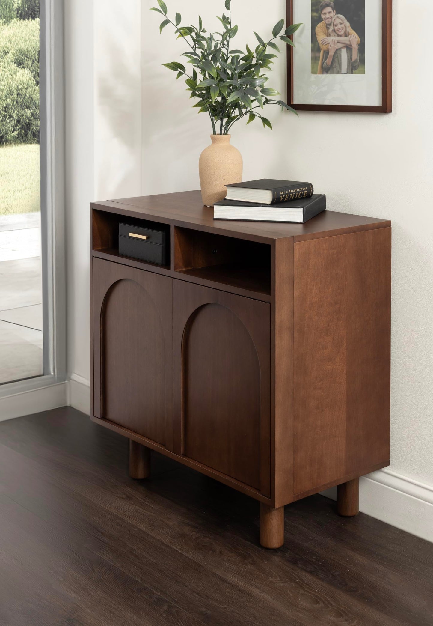 Kate and Laurel Cabernel Modern Two-Door Mango Wood Floor Storage Cabinet, 30 x 15 x 30, Walnut Brown, Living Room TV Stand with Arches for Use as Sideboard Buffet Cabinet or Bar Storage Buffet