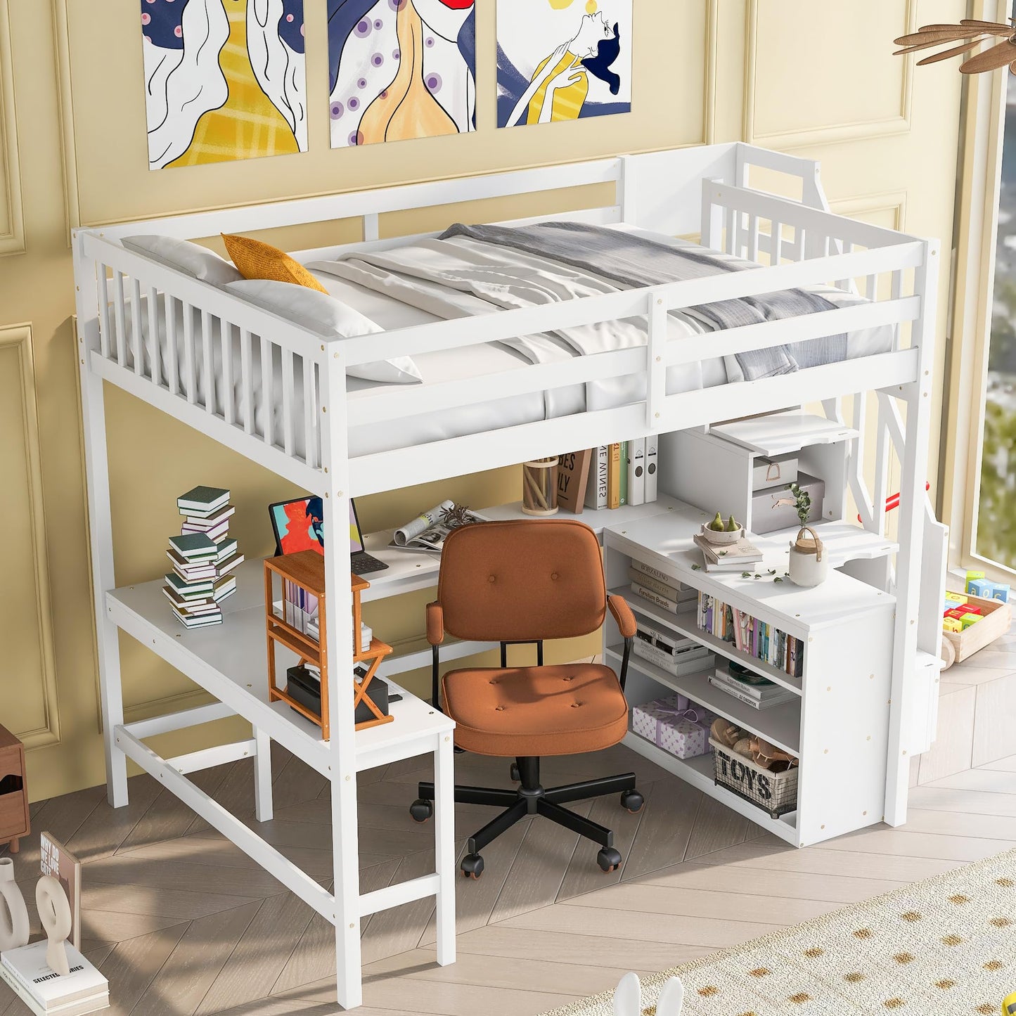 Merax Solid Pine Wood Full Size Loft Bed Frame with Built-in L Shaped Desk & Three-Tier Shelves & Attached Storage Staircase for Kids, Loft Bed with Large Under-Bed Space, No Box Spring Needed, White
