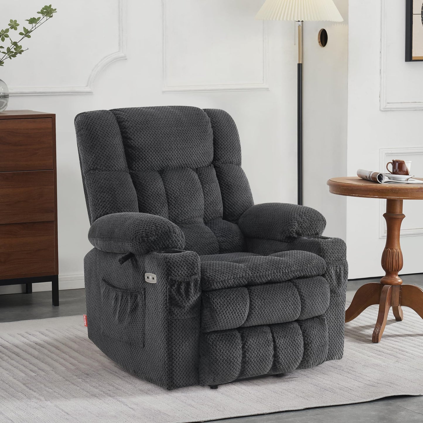 MCombo Dual Motor Power Lift Recliner Chair with Massage and Heat for Elderly People, Infinite Position, USB Ports, Cup Holders, Fabric 7890 (Medium, Dark Gray)