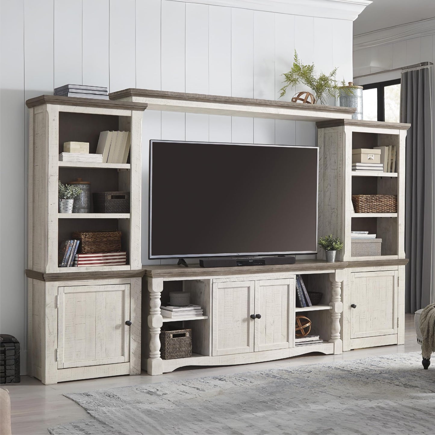Signature Design by Ashley Havalance 4-Piece Entertainment Center, Wall Unit TV Stand with Shelves, Pine Wood, Pine Veneer and Engineered Wood Construction for Living Rooms, White & Gray