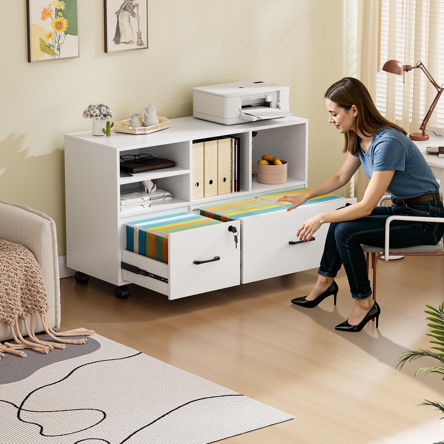 kepptory 2 Drawer Wood Mobile Large Lateral File Cabinet, Lockable Rolling Filing Cabinet with Storage Shelves, Printer Stand Office Storage Cabinet for Home Office Fits Files Legal/A4, White