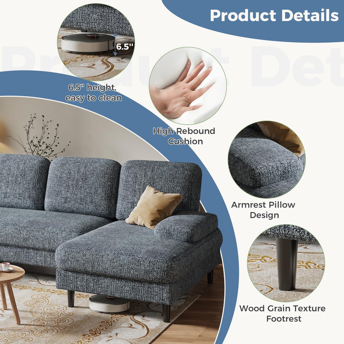 DUMOS Sectional Couches for Living Room, U Shaped Couch with Double Chaise Lounge, Modern Chenille Fabric 4-Seat Couch with Removable Pillows for Apartment/Small Space, Dark Grey