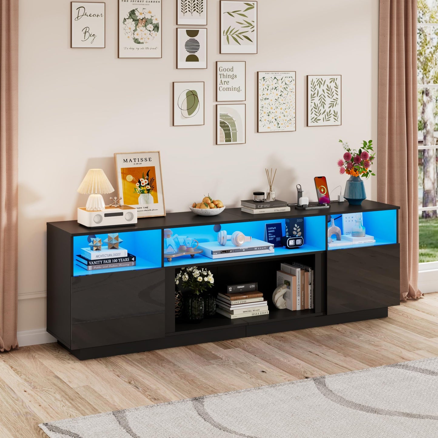 80" TV Stand for TVs up to 85", Multifunctional Entertainment Center with Large Storage & RGB LED Lights, TV Cabinet with Power Outlet, Modern TV Console for Living Room, Bedroom, and Rec Room, Black