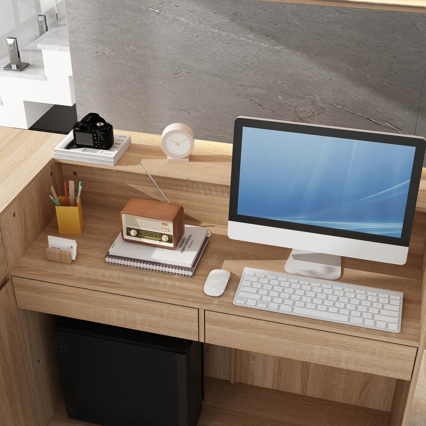 AIEGLE Reception Desk with Counter, 70.9" W Modern Retail Checkout Counter w/Drawers & Open Shelves, L-Shaped Oak Front Desk Reception Table with Storage Cabinet for Salon, Lobby, Office