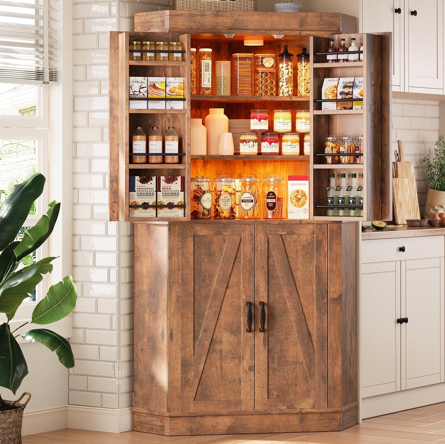 Corner Cabinet,71'' Kitchen Pantry Storage Cabinet with 4 Doors and Shelves, Tall Food Pantry Storage Cabinet Farmhouse Furniture for Kitchen Dining Room, Brown