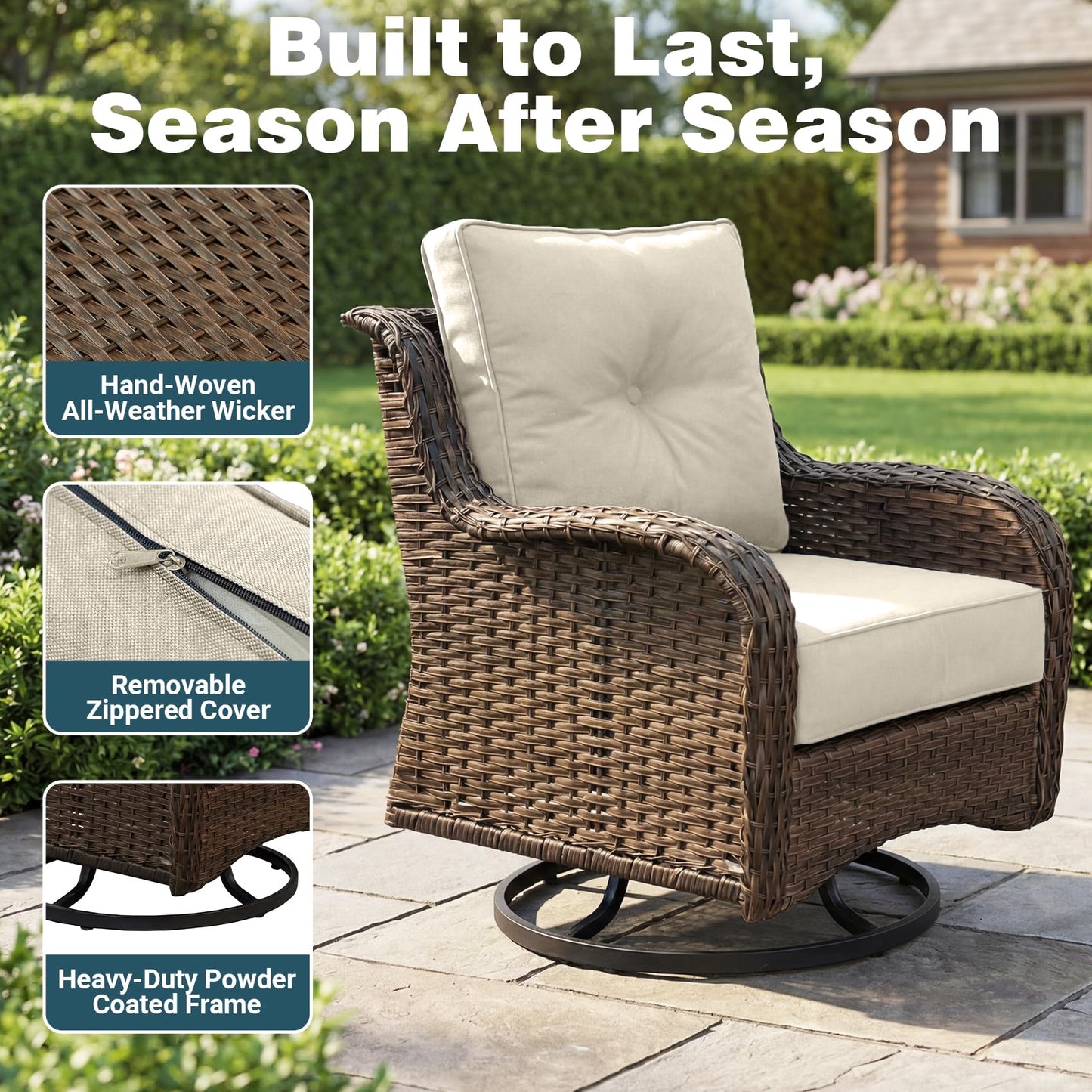 ADRERIC Luxury Patio Conversation Set, 3-Piece Ergonomic High Back Wicker Swivel Chair Set with 6-Inch Deep Seating Cushions, Large Patio Furniture Set for Garden, Deck & Balcony, Beige
