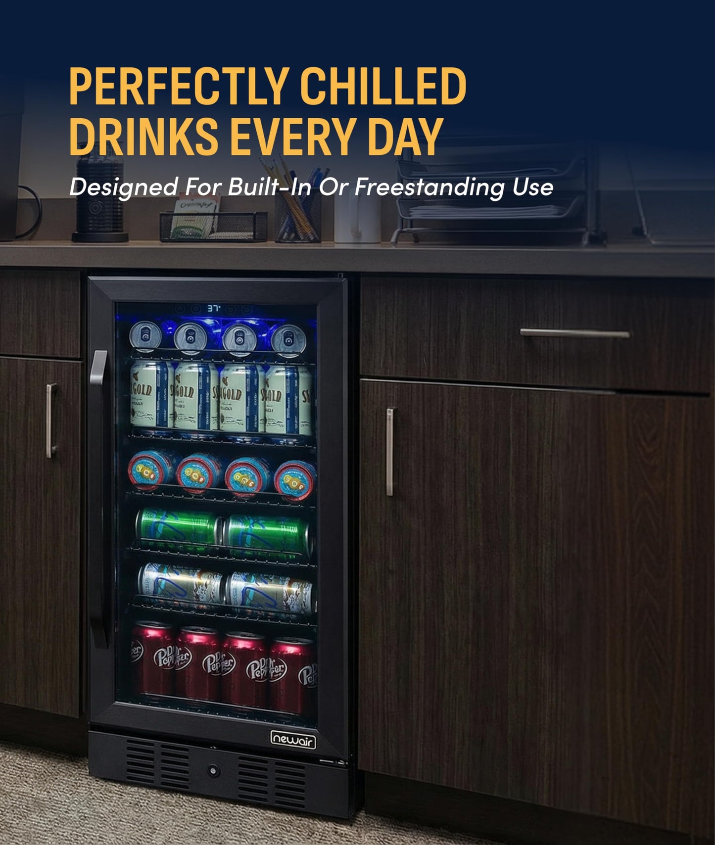 NewAir 96 Can Built-In Beverage Refrigerator | 15” Small Mini Fridge for Bedroom, Home Bar or Office | Quiet Cooling & Precise Temperature Control | Black Stainless Steel