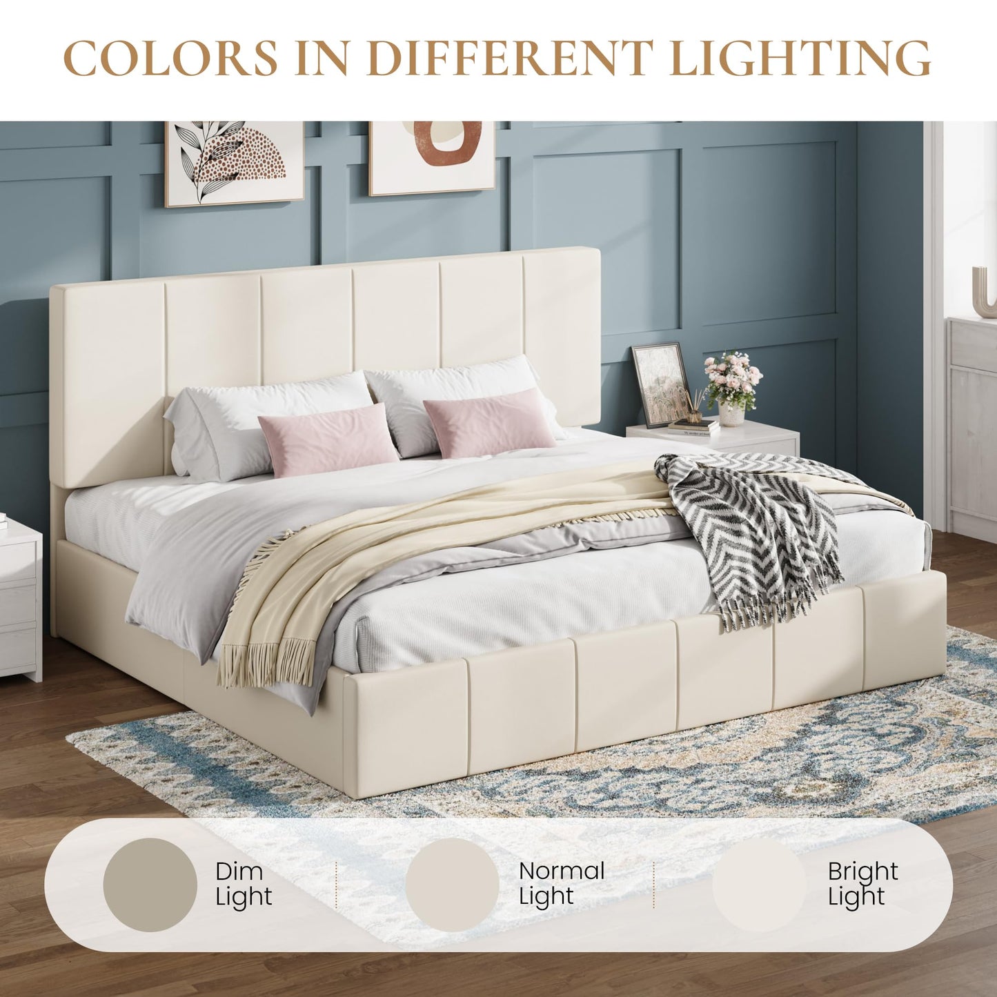 SHA CERLIN King Size Bed Frame, Dutch Velvet Upholstered Platform Bed, Vertical Channel Tufted Adjustable Headboard, Low Profile Bed Frame, No Box Spring Needed, Easy Assembly, Cream