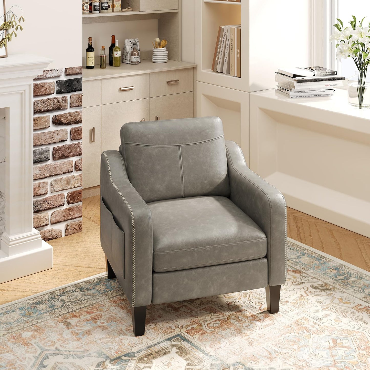 MALOL PU Leather Accent Chair Set of 2, Mid-Century Modern Living Room Armchair Sofa with Removable Cushions, Solid Wood Frame & Stitched Armrest Design, Bedroom Chair with Plastic Legs, Grey