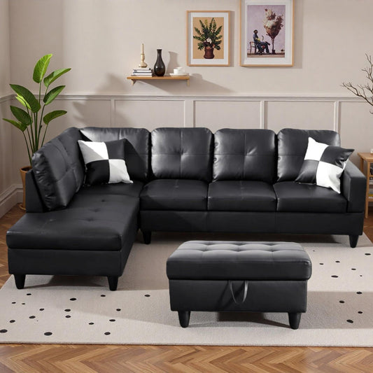 Trygoal 103.5" Sectional Couches for Living Room, Leather 4 Seat L Shaped Couch with Chaise, 3-Piece Modular Sofa with Storage Ottoman, Home Furniture Sets for Apartment Office, Black