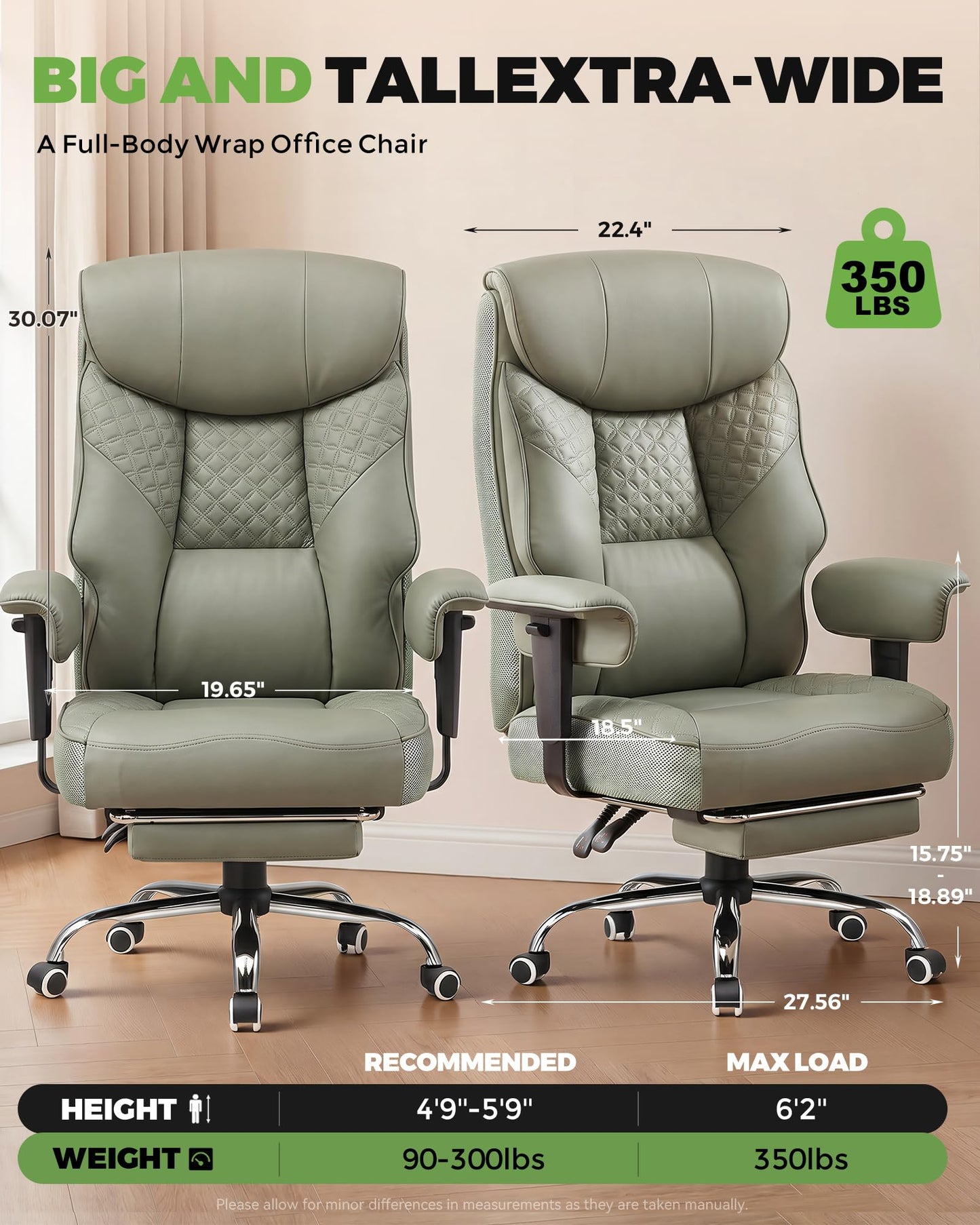 GTPLAYER Big and Tall Office Chair, High Back Computer Gaming Chair with Ergonomic Lumbar Support &Pocket Spring Cushion for Lower Back Pain Relief, Leather Executive Chair with Foot Rest, Green
