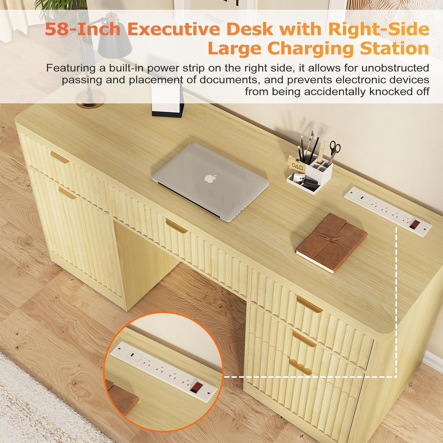 knoworld Fluted Executive Desk with Charging Station, 58" Wood Home Office Desk with 4 Drawers, 1 File Cabinet, 1 Storage Cabinet, Modern Writing Desk for Work, Living Room, Bedroom (Natural)