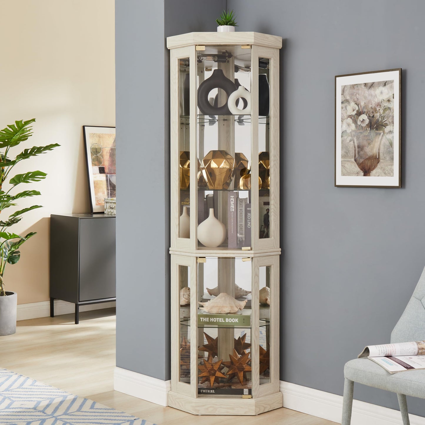 Ball & Cast 69.84" Lighted Corner Curio Cabinet with Adjustable Shelves & Glass Doors,Display Case for Antique Collectibles,Wine & Bar Storage,Space-Saving Corner Design,Easy Assembly,White