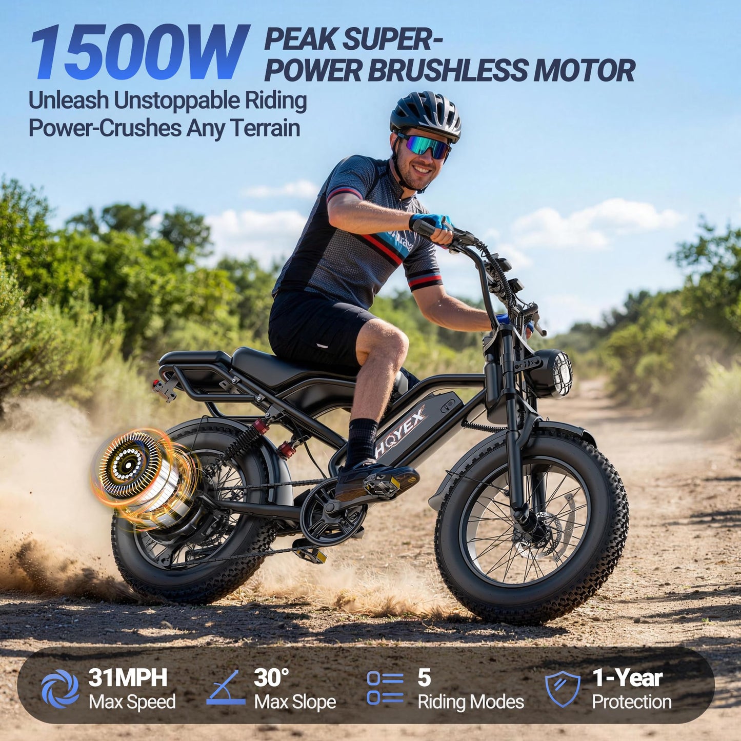 HQYEX Electric Bike for Adults, 1500W Brushless Motor Ebike, 20" Fat Tire Electric Bicycles, 48V 20Ah Battery, 31MPH Top Speed with Dual Suspension E Bikes