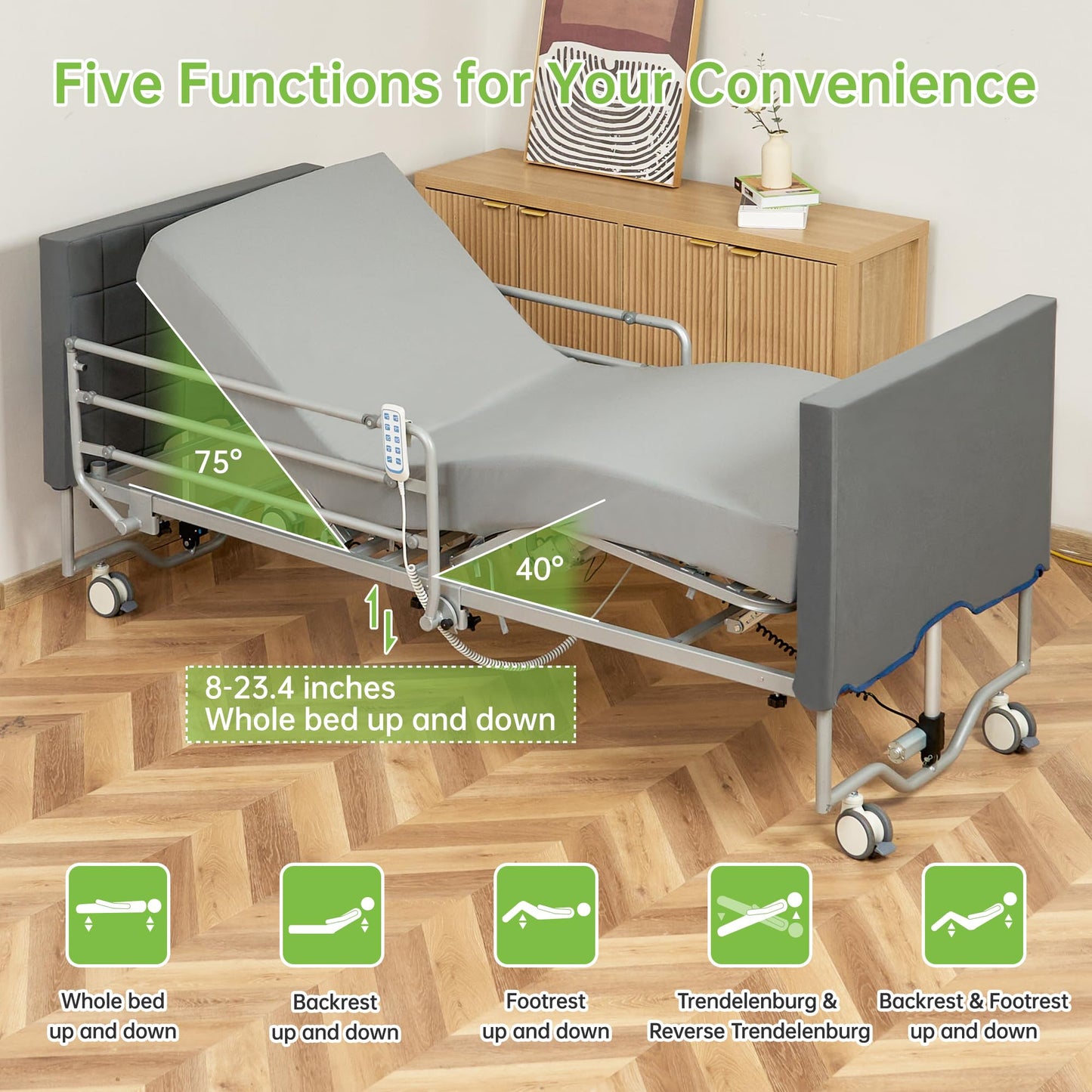 Real Relax 5 Function Full Electric Hospital Bed, Ultra Low Electric Medical Bed with Movable Dining Table, 6" Foam Mattress, 5" Locking Casters, for Home Use, Includes headboard and Footboard Covers