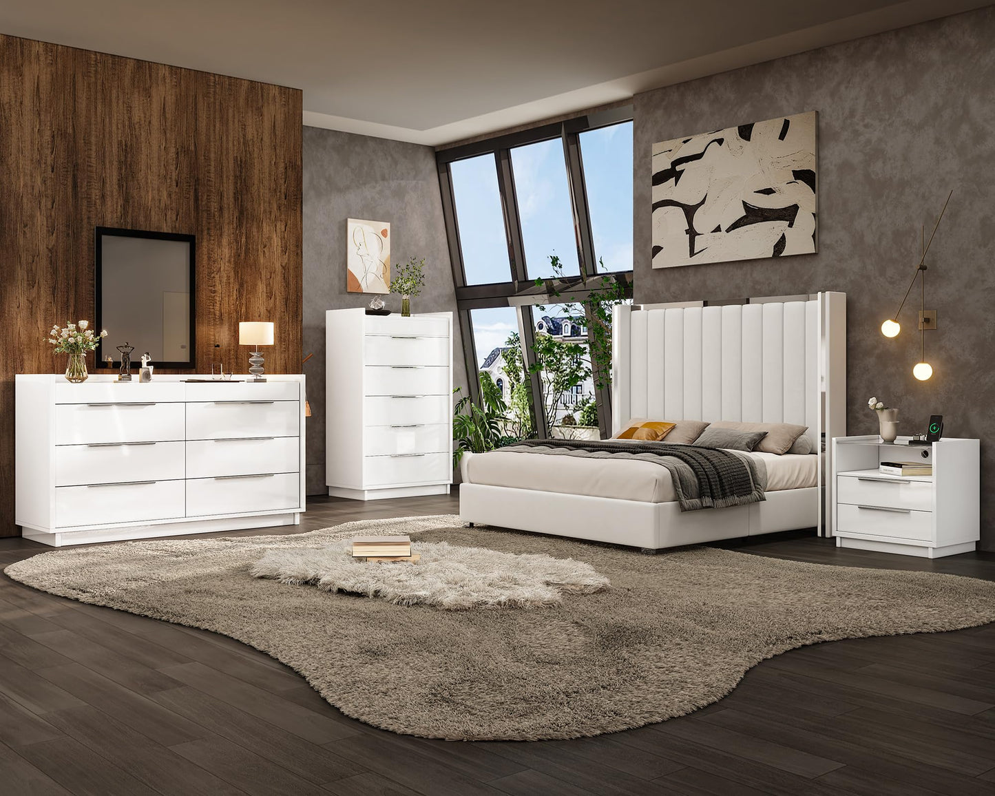 AMERLIFE 4 Piece Bedroom Furniture Set, 2 Nightstands with Charging Station, 8 Drawer Dresser with LED Light & 5 Drawer Chest, Modern High Gloss UV Finish, Bedroom Storage Organizer, White