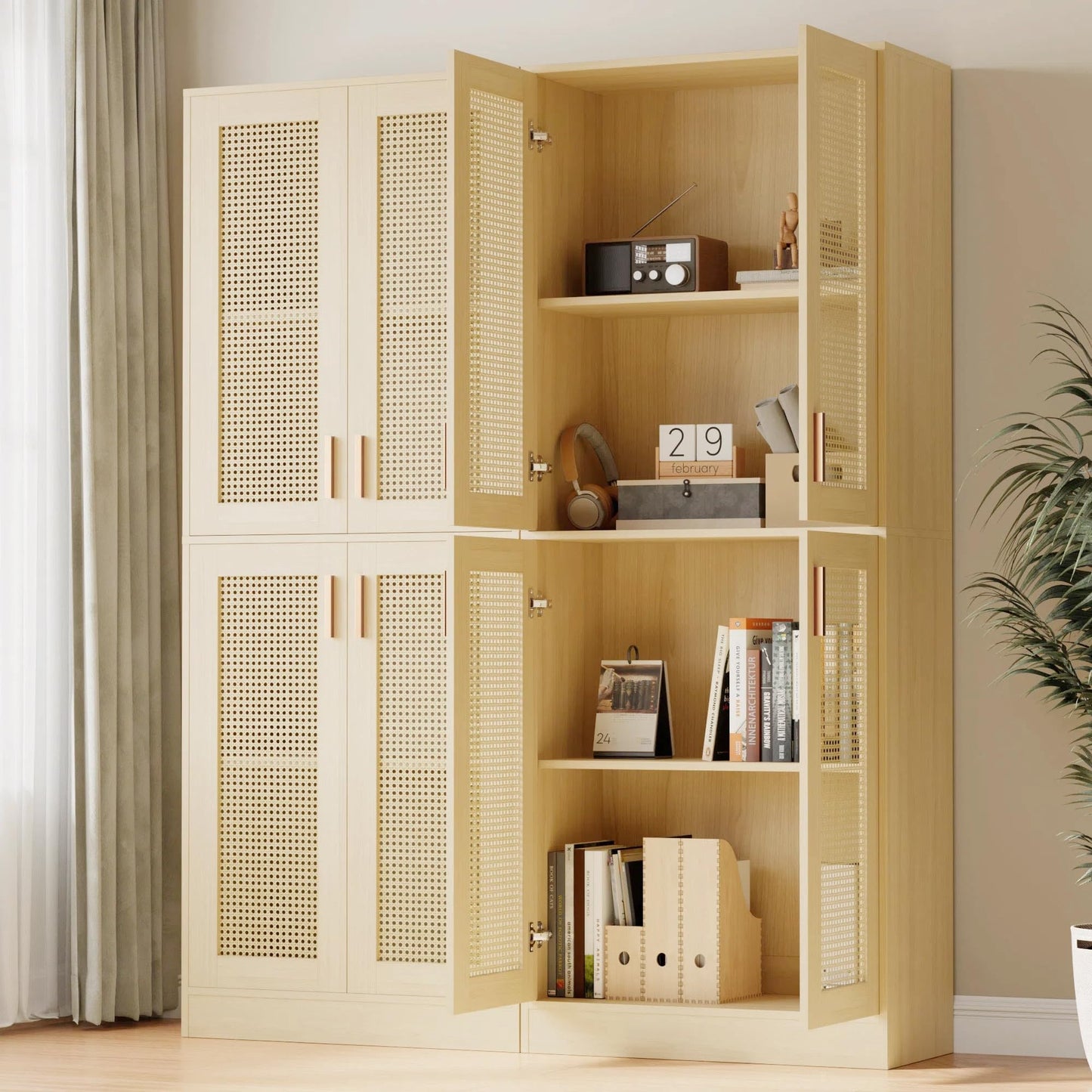 Cozy Castle Kitchen Pantry Cabinet, 71" Tall Rattan Doors Storage Cabinet and Adjustable Shelves, Modern Farmhouse Wood Cupboard Utility Hutch for Kitchen, Dining Room, Living Room (Oak)