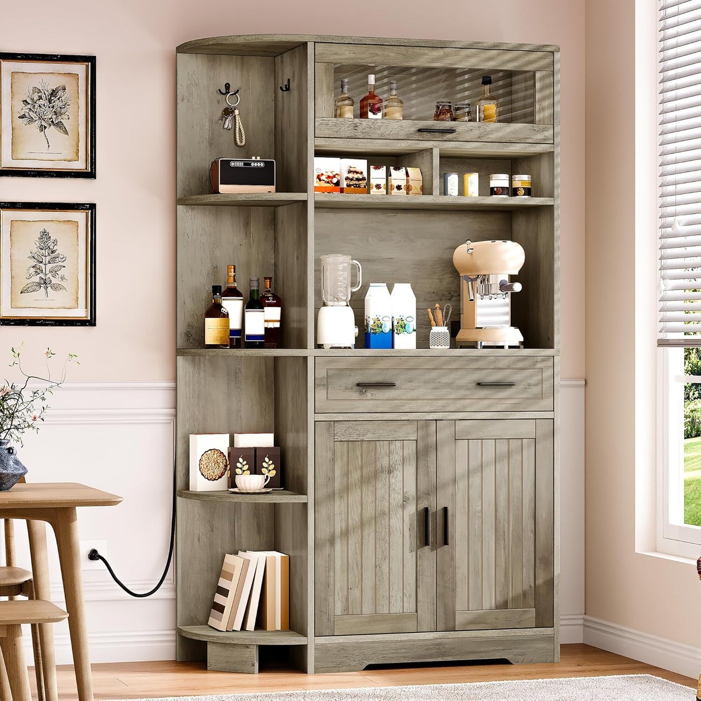 YITAHOME Kitchen Pantry Storage Cabinet, 67" Tall Kitchen Hutch with Outlet & Door & Shelves & Drawer, Farmhouse Wooden Microwave Stand Buffet Coffee Bar for Home Living Dining Room, Antique Gray