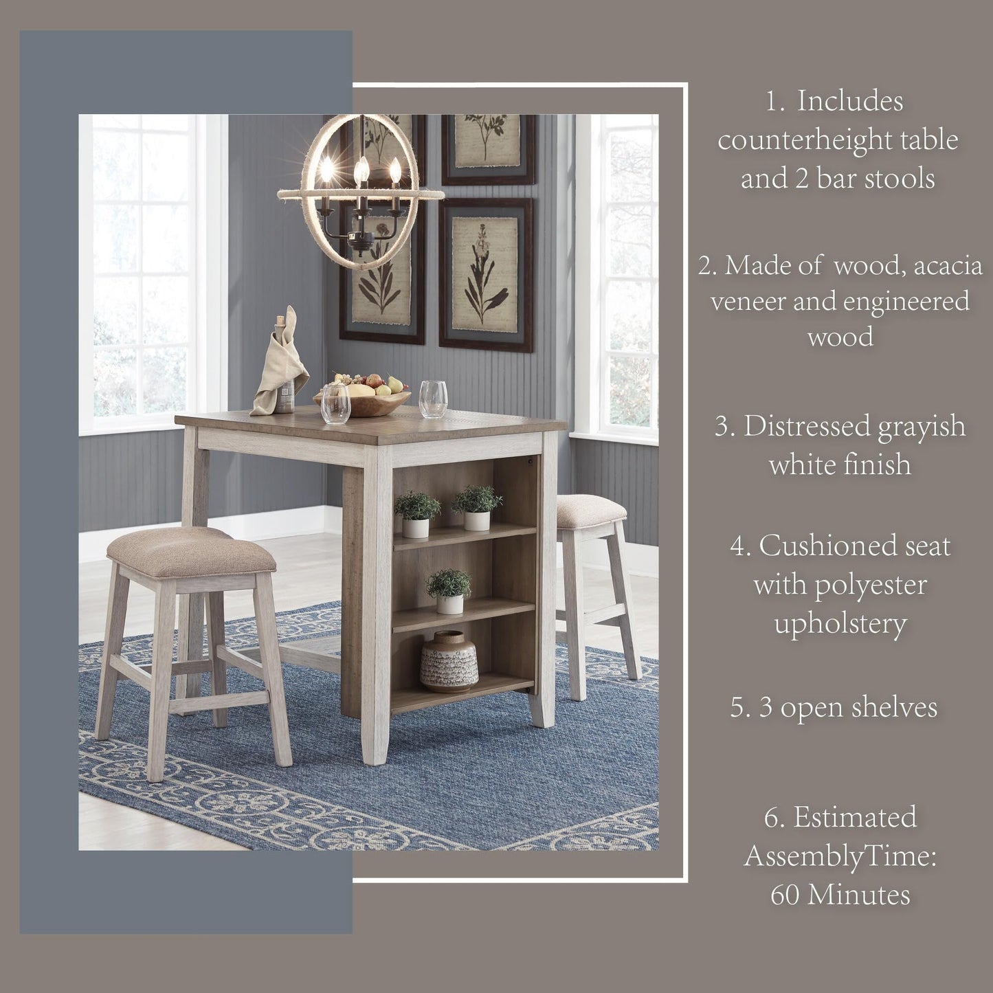 Signature Design by Ashley Skempton 3 Piece Counter Height Dining Set, Includes Table and 2 Barstools, Cushioned Seats, Wood, Whitewash