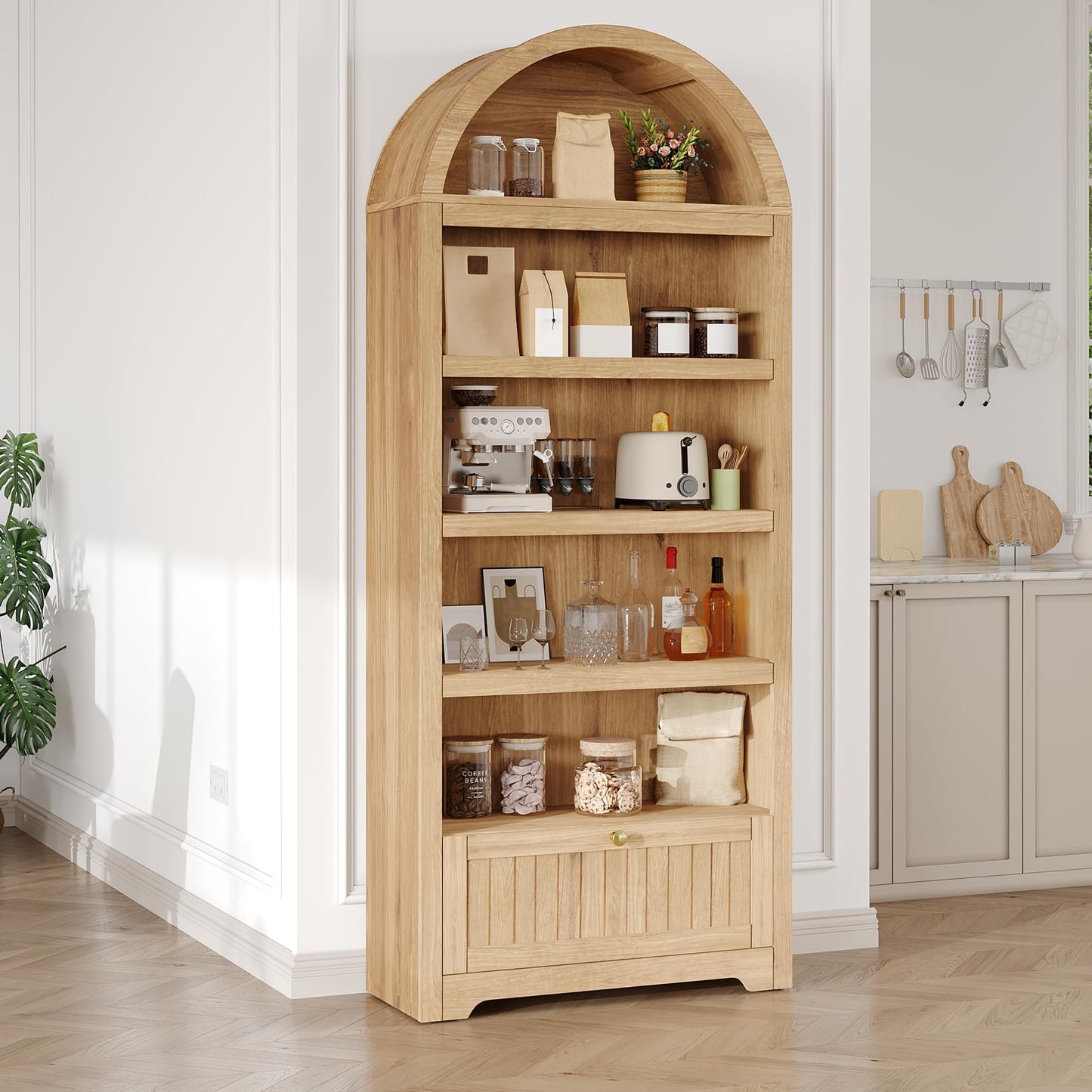 GAOMON 71" Tall Arched Book Shelf, 6-Tier Freestanding Bookshelf with Drawer and Open Display Shelves, Mid Century Modern Arched Bookcase for Living Room, or Home Office, Natural