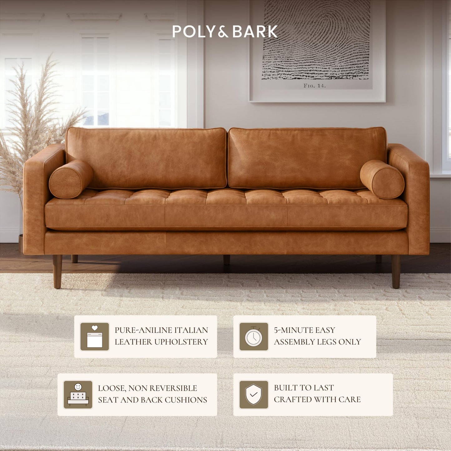 POLY & BARK Napa 88.5" Leather Sofa – Full-Grain Italian-Tanned Aniline Leather, Feather-Down Comfort, Solid Wood Frame, Walnut Legs, Cognac Tan