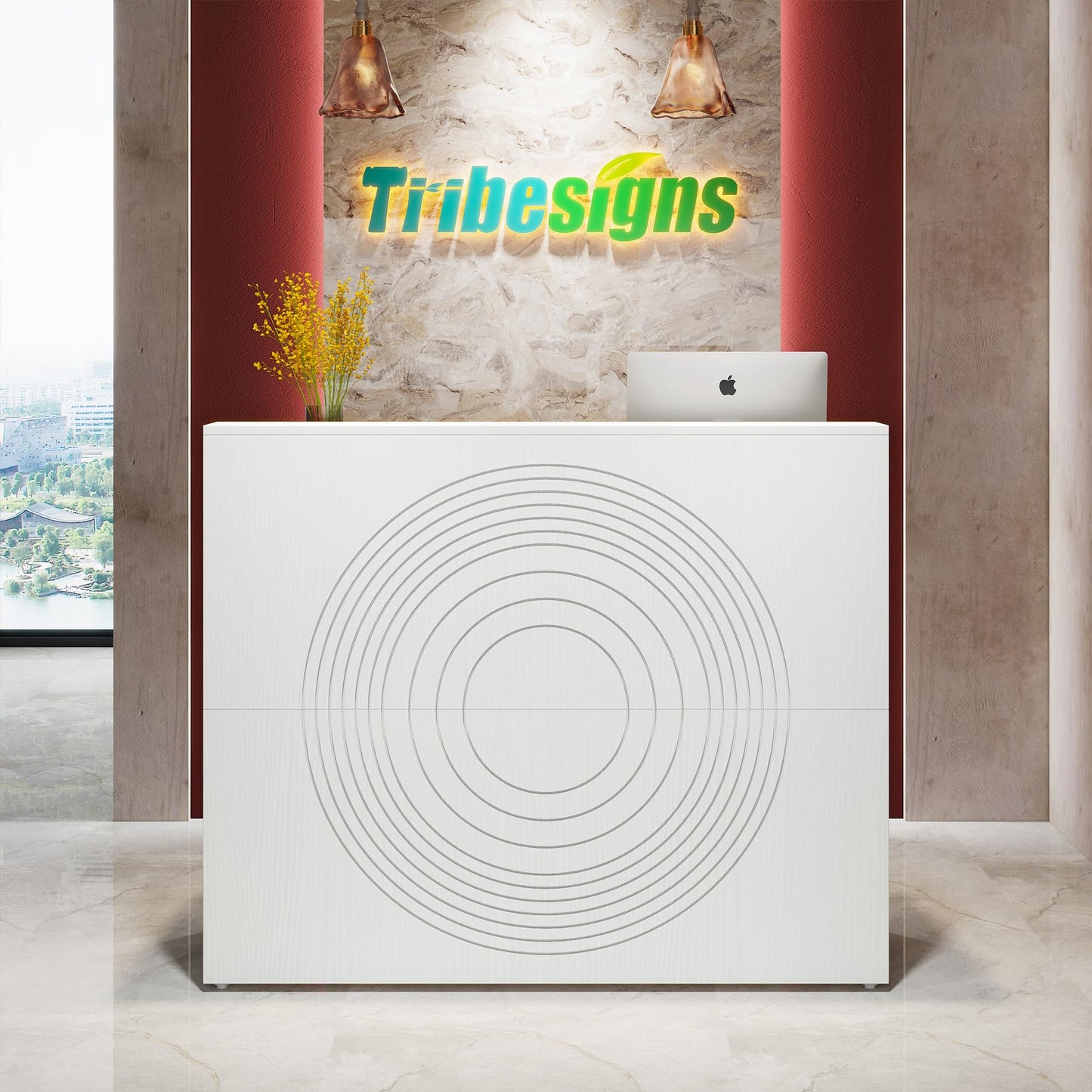 Tribesigns Reception Desk with Counter, Modern Front Desk Reception Room Table with Cable Grommet, 47 inch Retail Counter for Checkout, Lobby, Beauty Salon, Home Office Desk, White