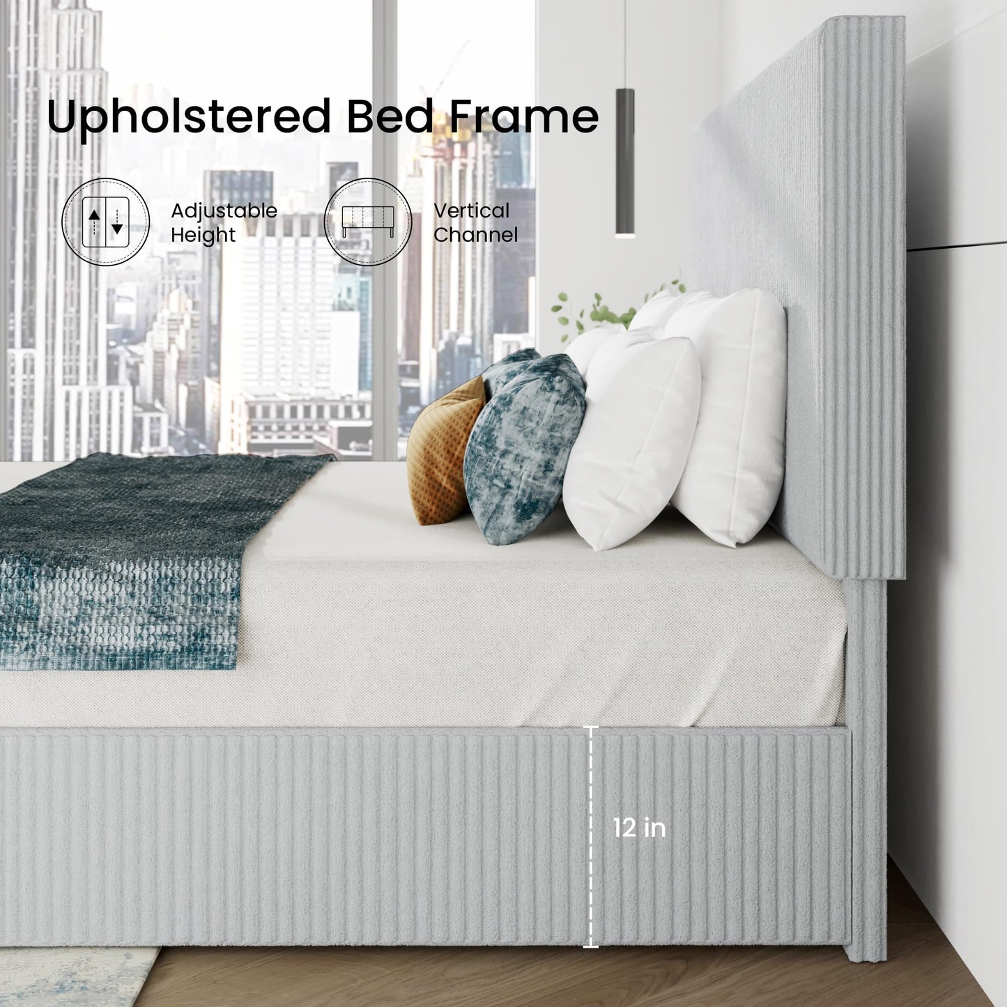 SHA CERLIN Queen Bed Frame, Corduroy Upholstered Platform Bed, Adjustable Vertical Channel Tufted Headboard, Modern Low Profile Frame, No Box Spring Needed, Easy Assembly, Light Grey