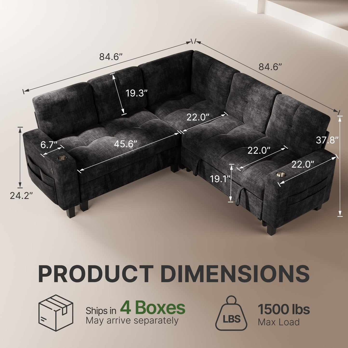 Marsail 84.6" Sectional Sleeper Sofa with Pull Out Bed, 5 Seat Modular Sectional Couch with Storage, USB & Cup Holders, Modern Chenille Cloud Sofa for Living Room, Dark Gray