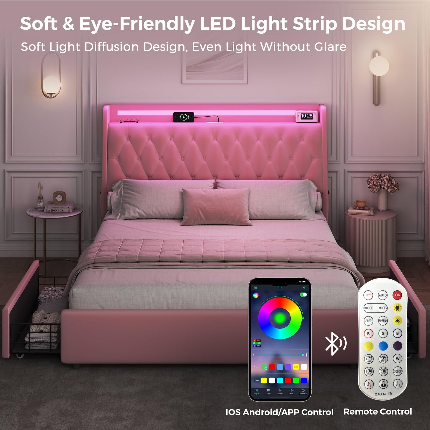 Queen LED Velvet Bed Frame with 2 Storage Drawers&Hidden Headboard, Upholstered Platform Bed with Charging Station&Button Tufted Design, Wooden Slats Support, Box Spring Optional, Easy Assembly, Pink