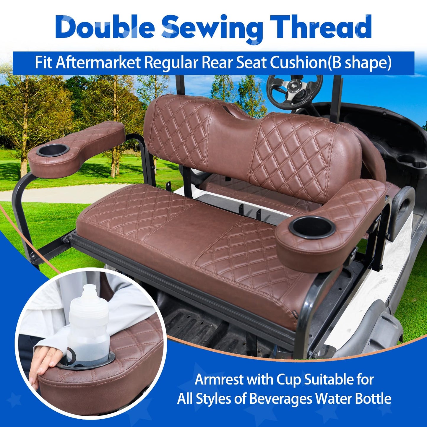 NOKINS Golf Cart Seat Covers for YAMAHA/G29/Drive2, Vinyl Front&Rear Seat Cover with Flip-Up Armrests kit, with Cup Holder, for 1" Square Tube (Brown&Brown 8438)