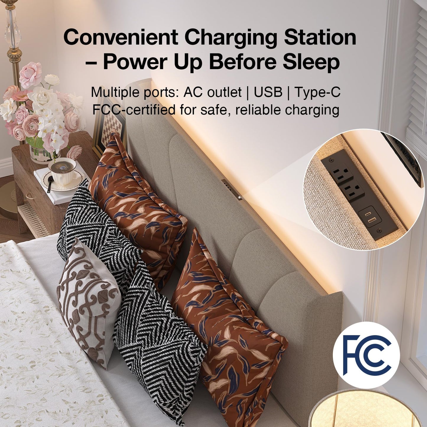 Novilla King Bed Frame, King Bed Frame and Headboard, King Size Bed Frame with Drawers, King Bed Frame with LED Lights, Charging Station and Adjustable Headboard, No Box Spring Needed, Beige