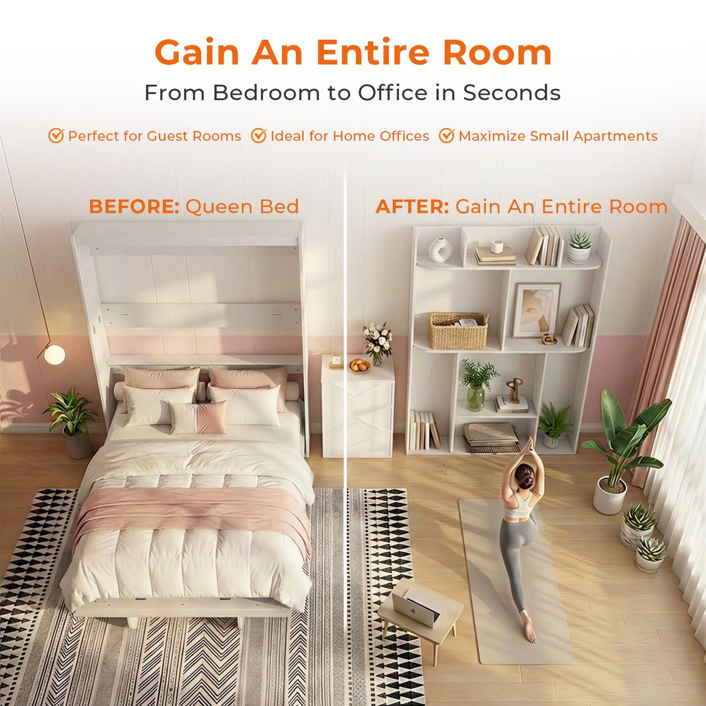 CECER Queen Size Wall Murphy Bed with Storage Shelf，Queen Murphy Cabinet Bed with Bookshelf，Space-Saving Wall Beds Cabinet Beds for Guest Room/Bedroom-White